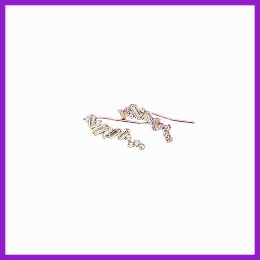 Pair of gold earrings with clear stones on a white background