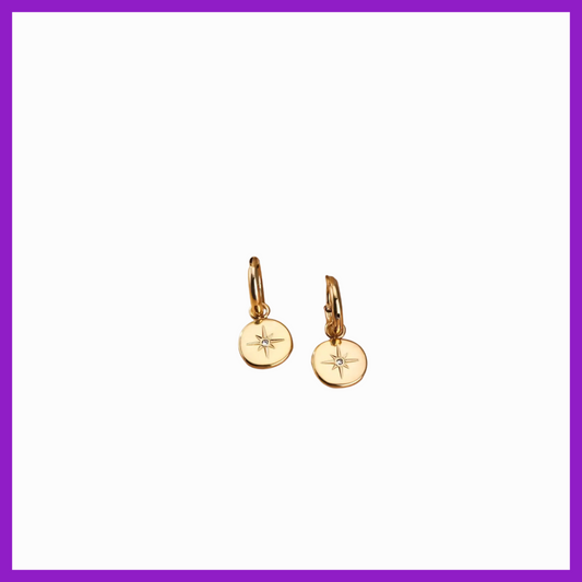 Gold earrings on a white background with a purple border