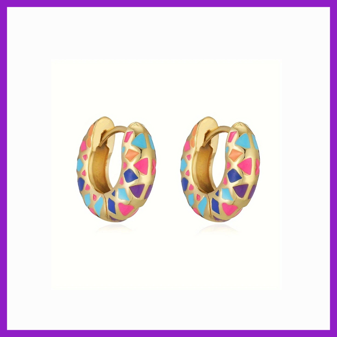Colorful hoop earrings with gold accents on a white background
