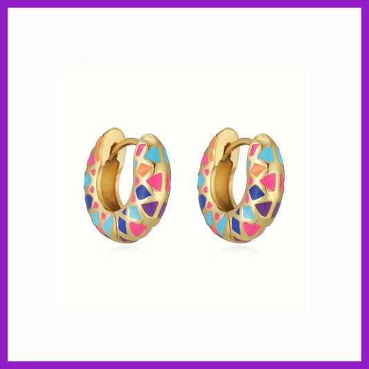 Colorful hoop earrings with gold accents on a white background