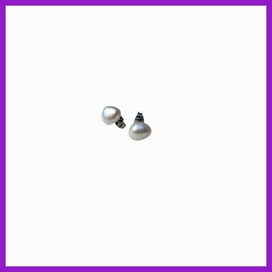 Pair of pearl earrings on a white background with a purple border
