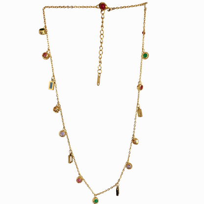 Gold necklace with colorful beads on a white background