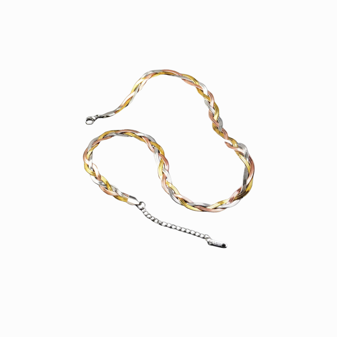 Necklace with a braided design on a white background
