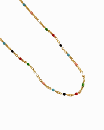 Necklace with multicolored beads on a white background