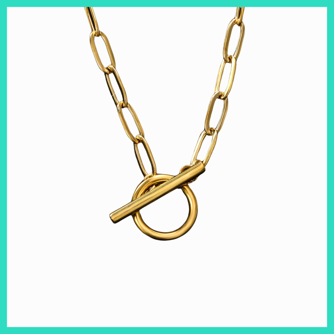 Gold chain necklace with a toggle clasp on a white background