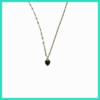 Necklace with a green heart-shaped pendant on a white background