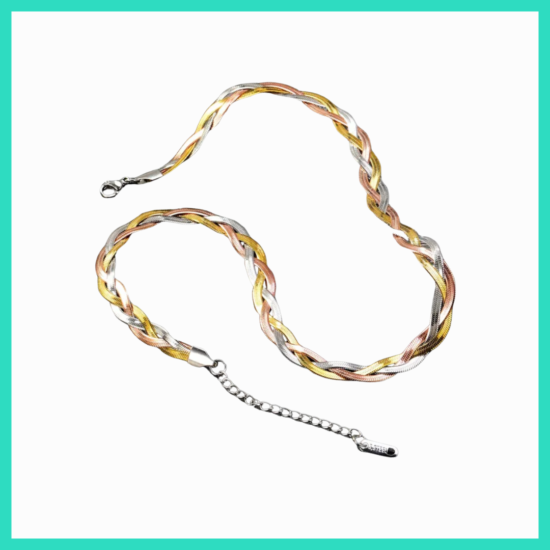 Multicolored braided necklace on a white background