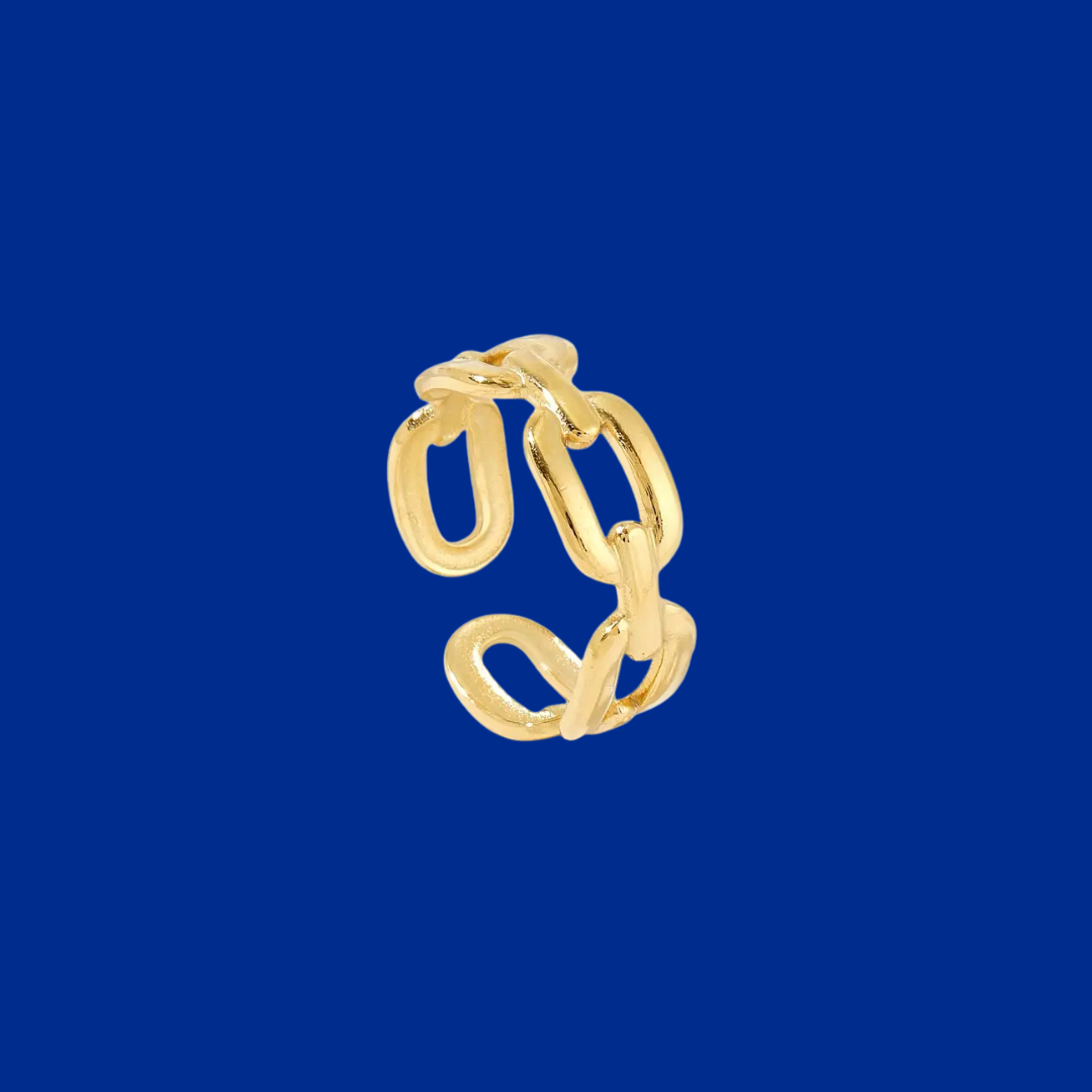 Gold chain-style ring on a blue background